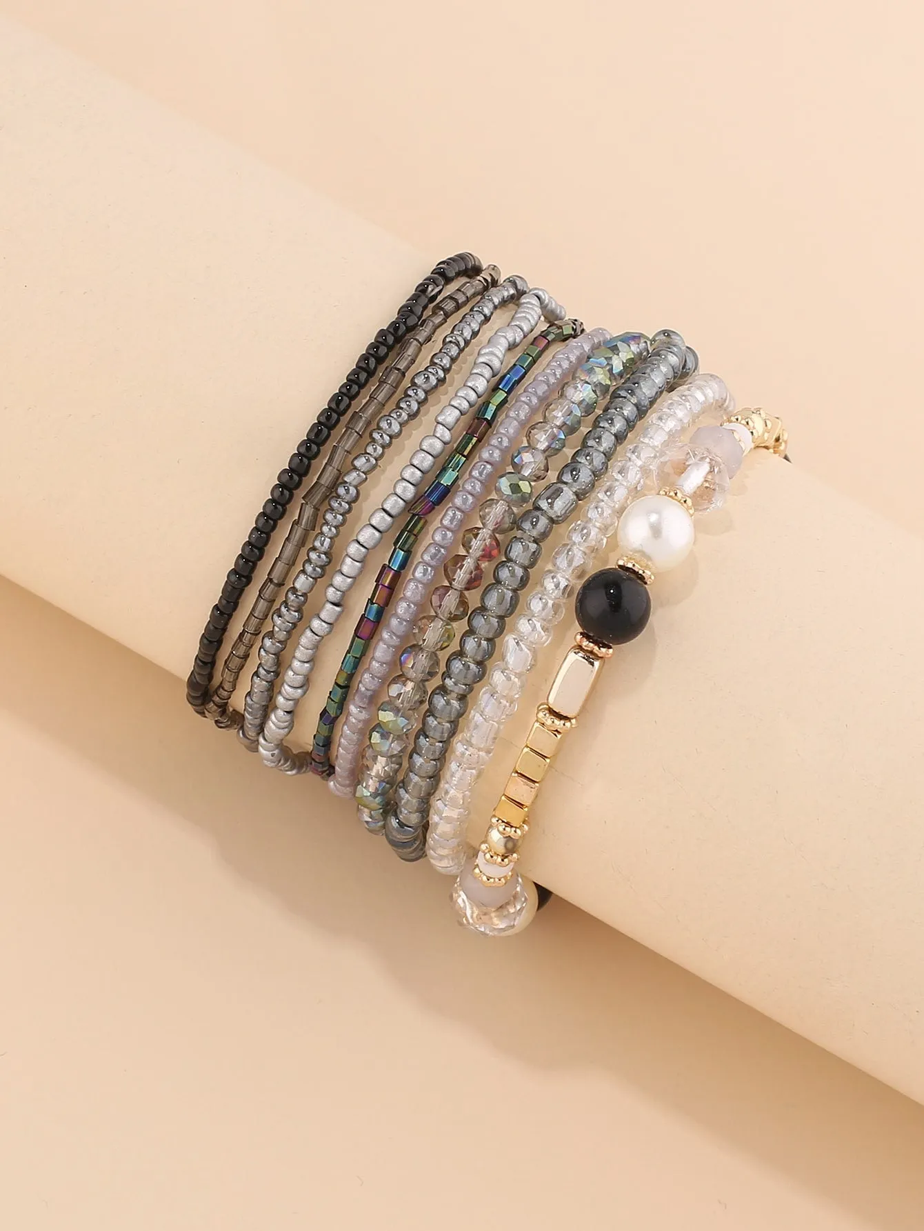 10pcs Holographic Grey Beaded Bracelet for Women Crafted Jewelry Stackable