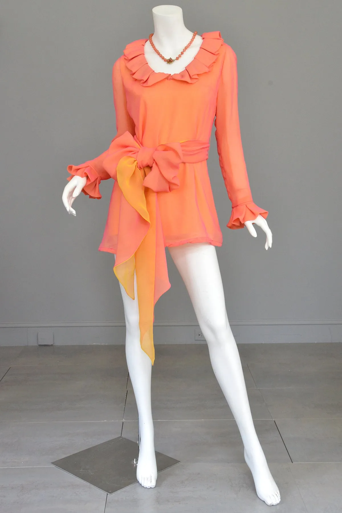 1970s Neon Coral   Saffron Chiffon Micro Mini Tunic