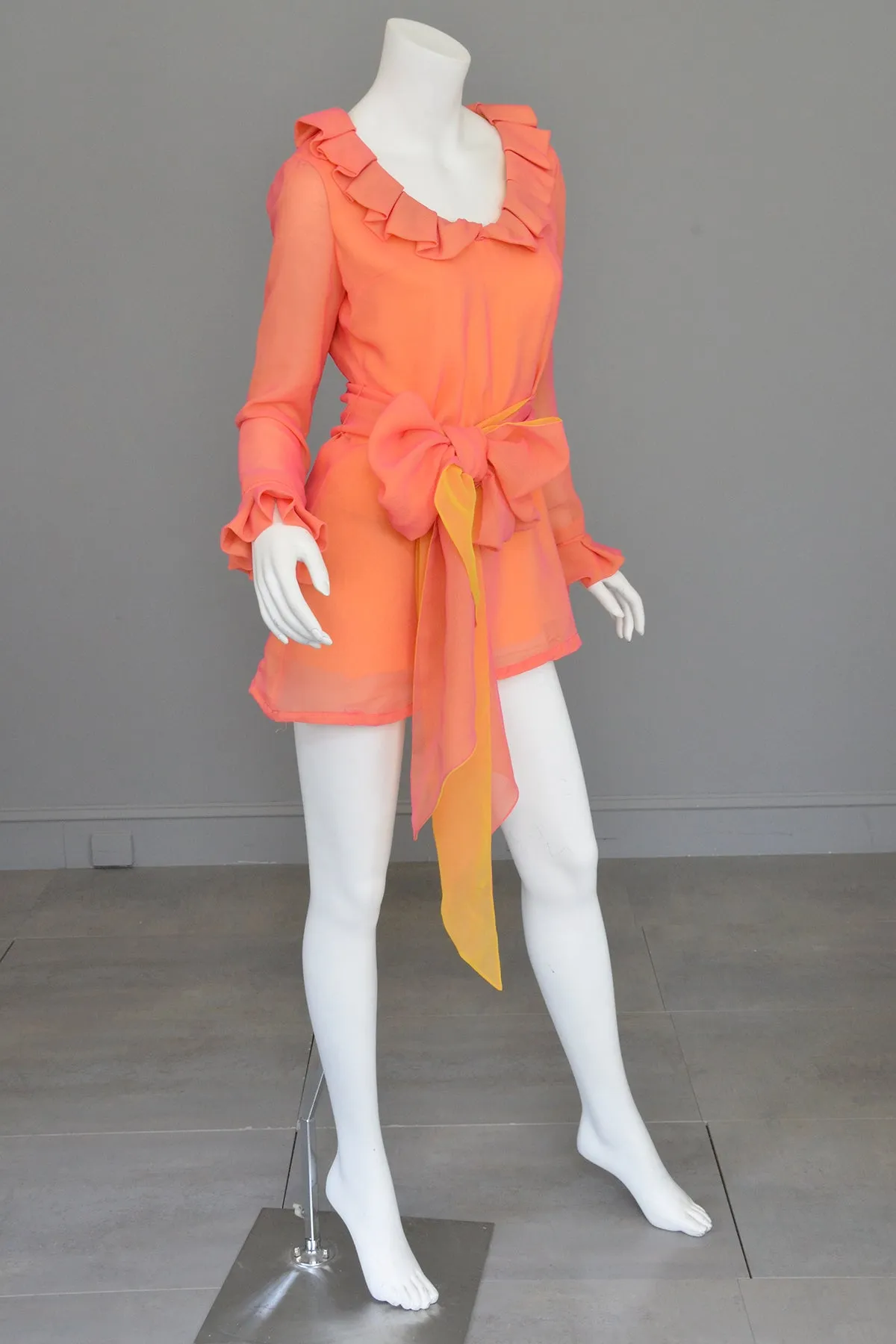 1970s Neon Coral   Saffron Chiffon Micro Mini Tunic