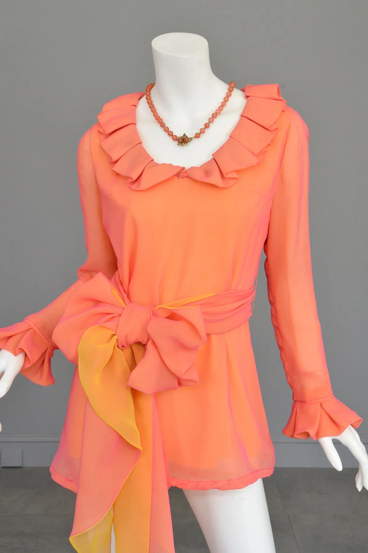 1970s Neon Coral   Saffron Chiffon Micro Mini Tunic