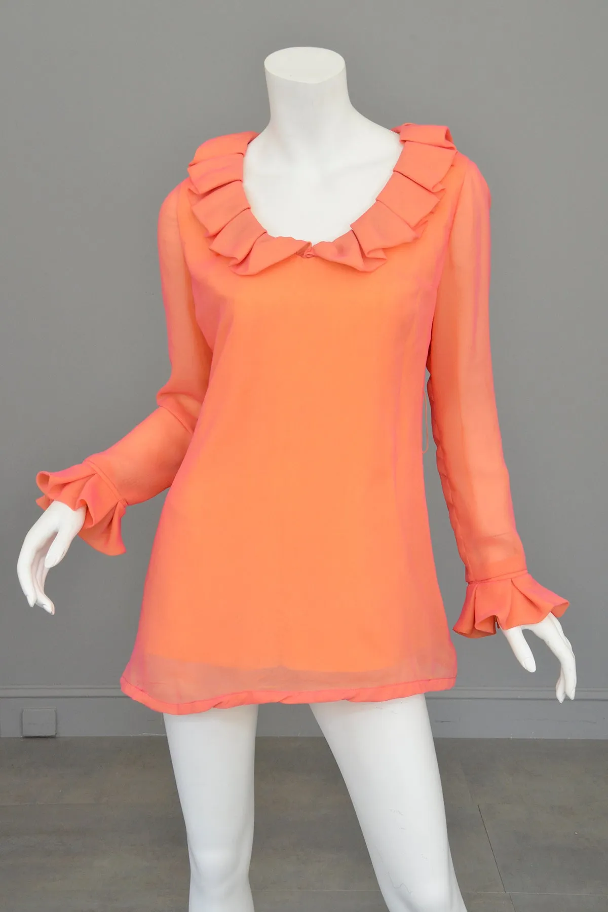 1970s Neon Coral   Saffron Chiffon Micro Mini Tunic