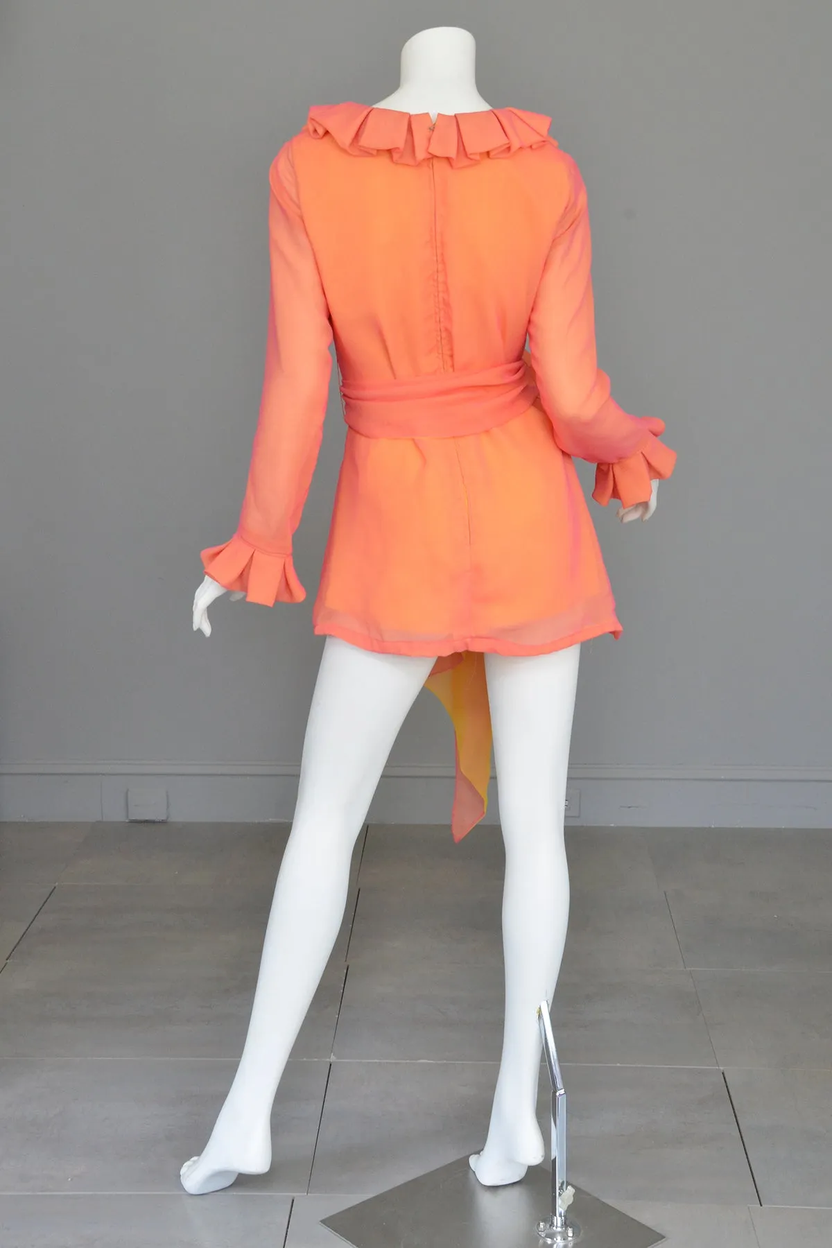 1970s Neon Coral   Saffron Chiffon Micro Mini Tunic