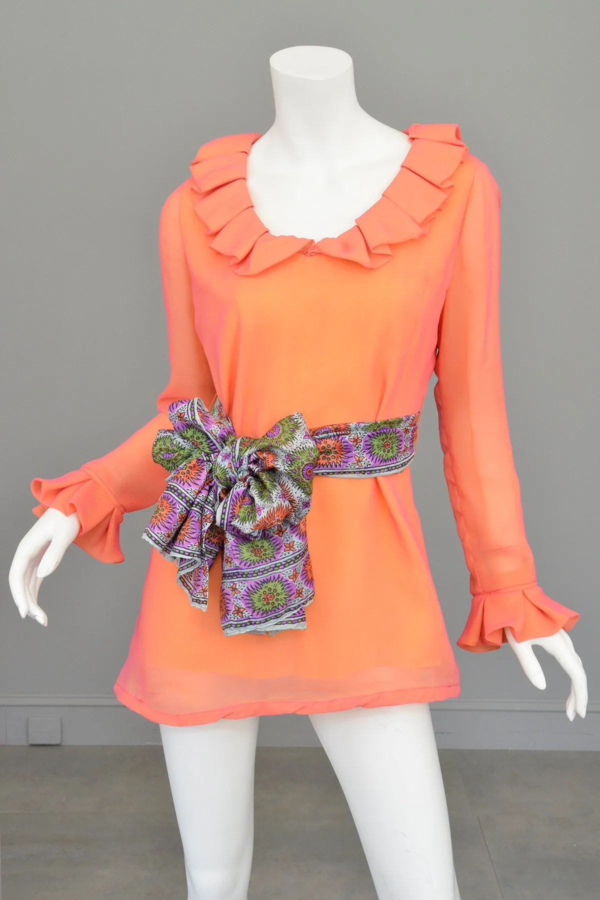 1970s Neon Coral   Saffron Chiffon Micro Mini Tunic