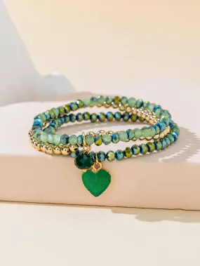 2pcs Heart Charm Green Holographic Beaded Bracelet Women Bracelet Stackable