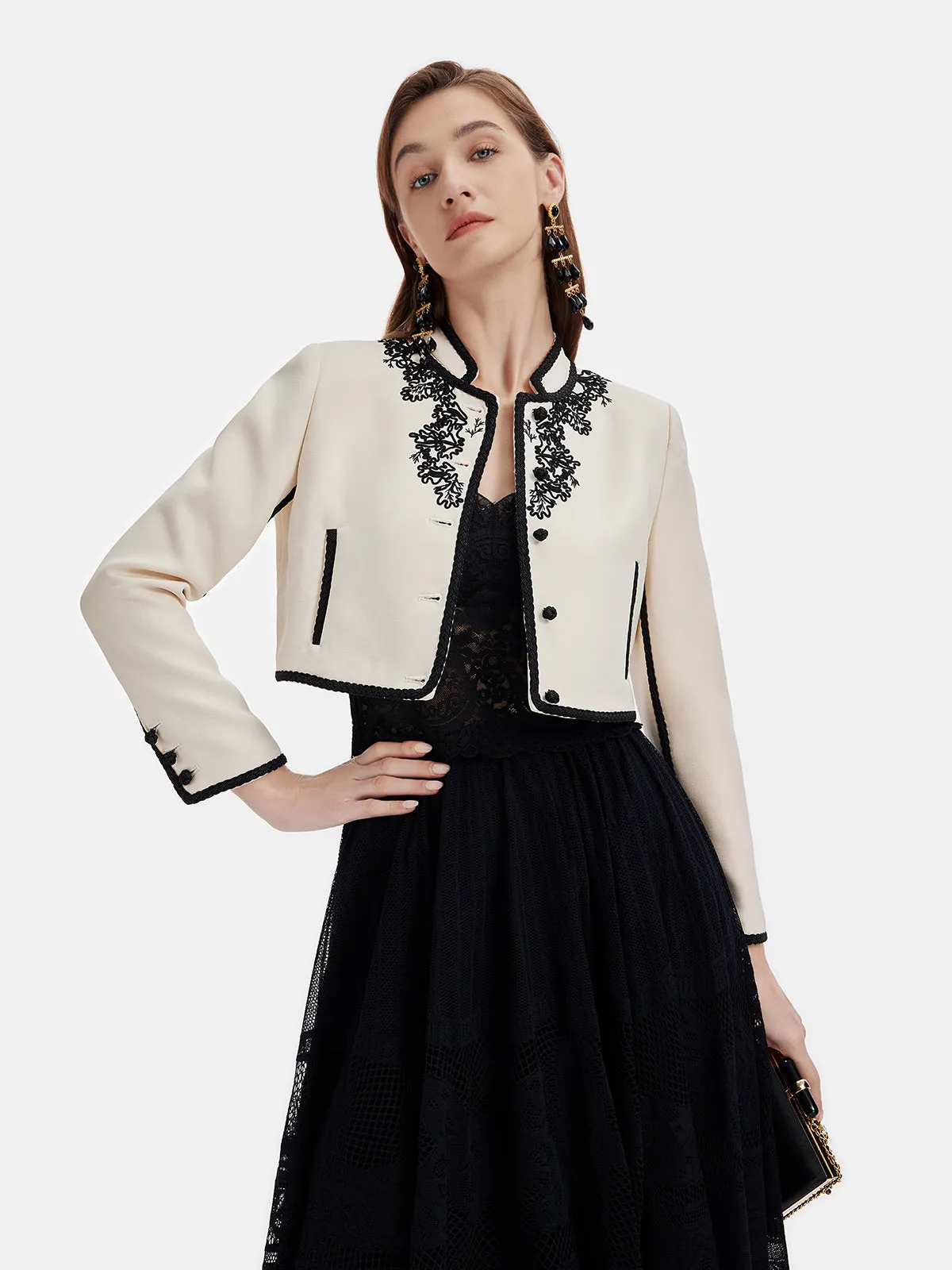 3D Cord Embroidery Silk Wool Cropped Jacket