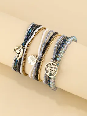 3pcs Tree & Leaf Charm Holographic Layered Bracelet for Women Crafted Jewelry