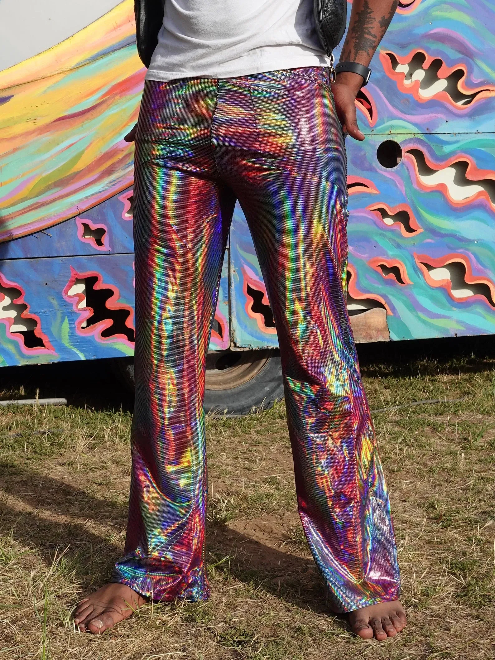 4 Pocket Pulsar Flare Pants - Mens Holographic Metallic Bell Bottoms