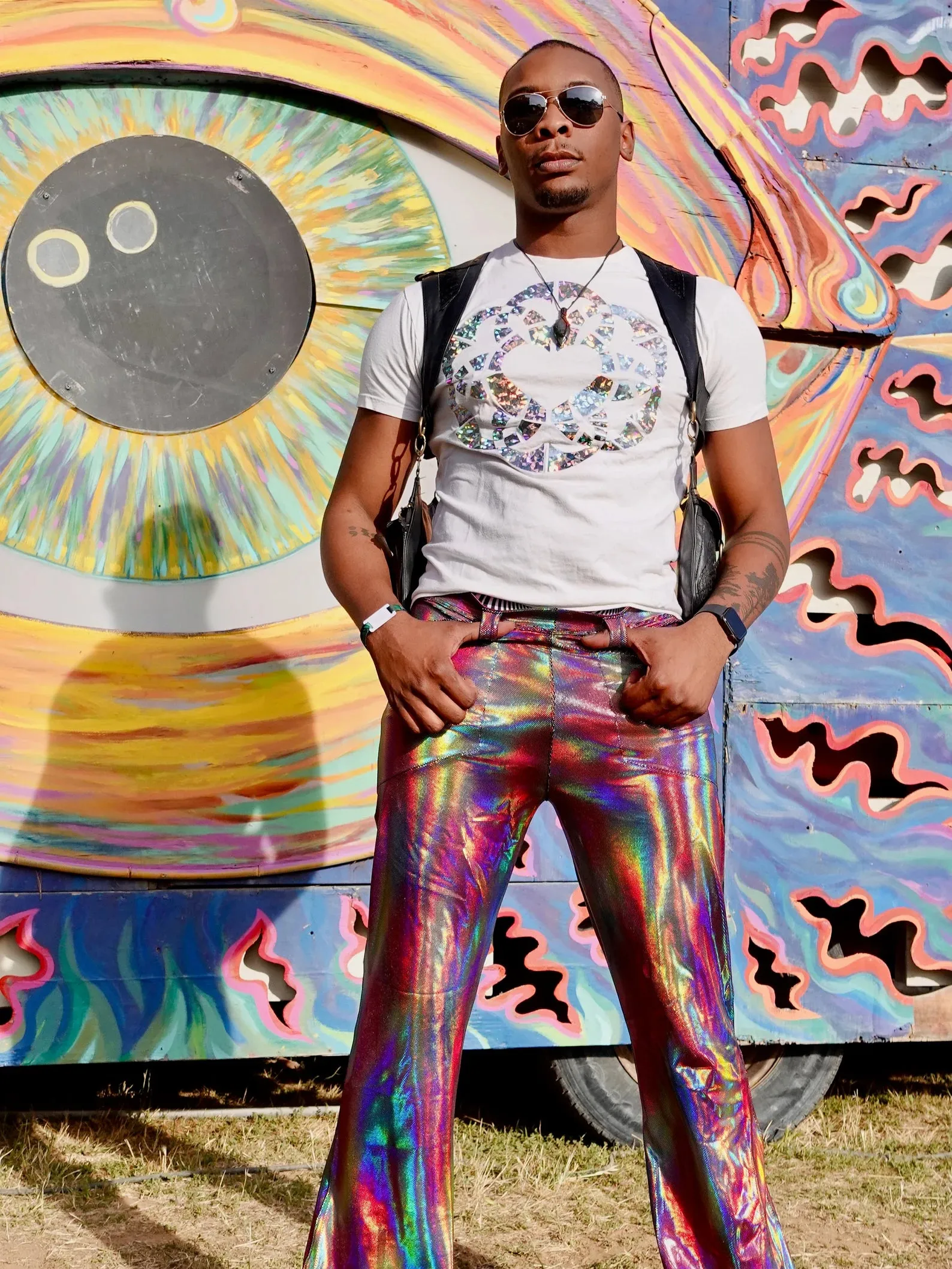 4 Pocket Pulsar Flare Pants - Mens Holographic Metallic Bell Bottoms