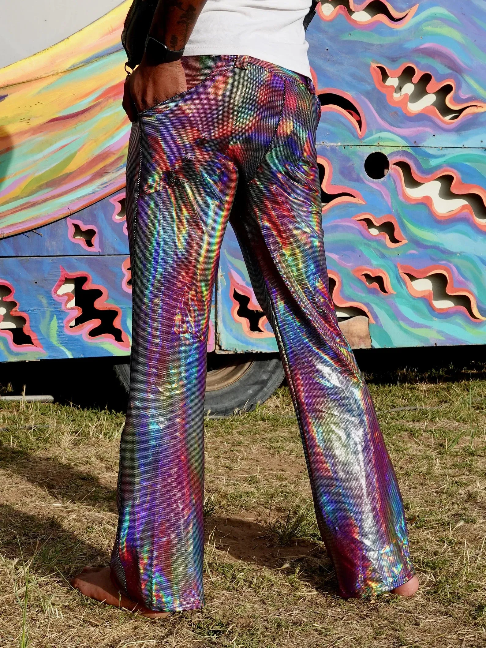 4 Pocket Pulsar Flare Pants - Mens Holographic Metallic Bell Bottoms