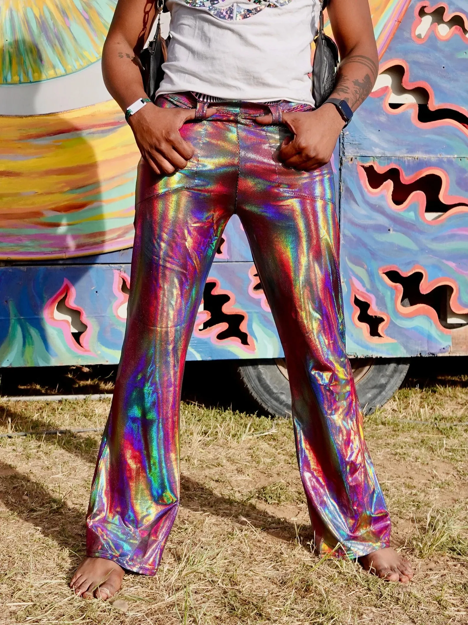 4 Pocket Pulsar Flare Pants - Mens Holographic Metallic Bell Bottoms