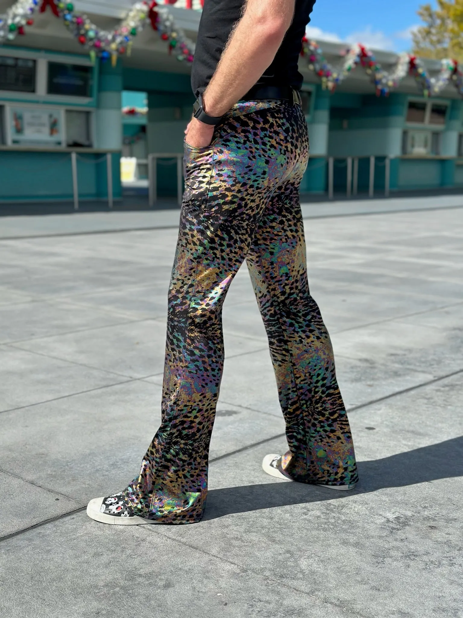 4 Pocket Sex Panther Naga Black - Flare Pants - Holographic Metallic Mens Bell Bottoms