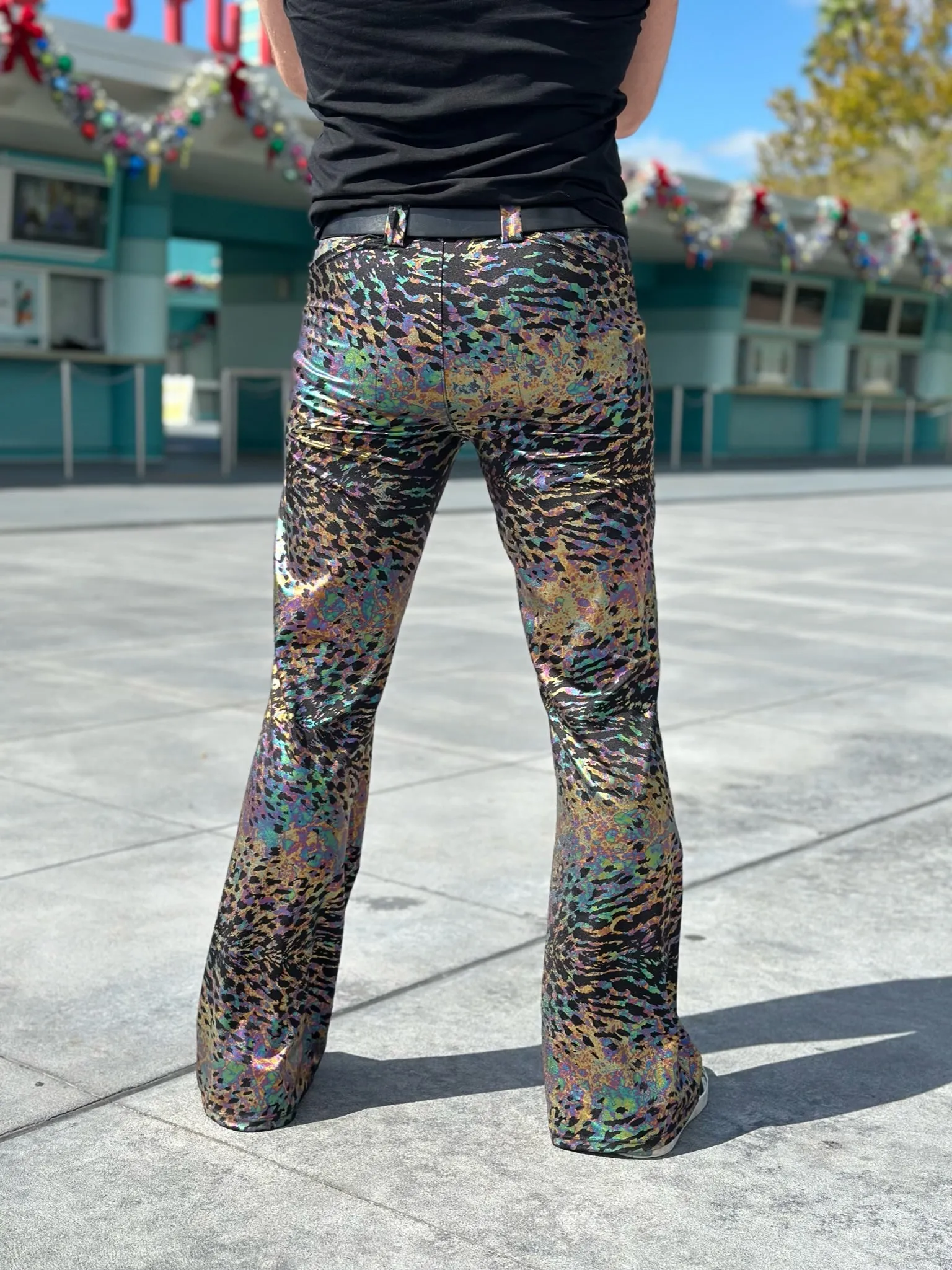 4 Pocket Sex Panther Naga Black - Flare Pants - Holographic Metallic Mens Bell Bottoms