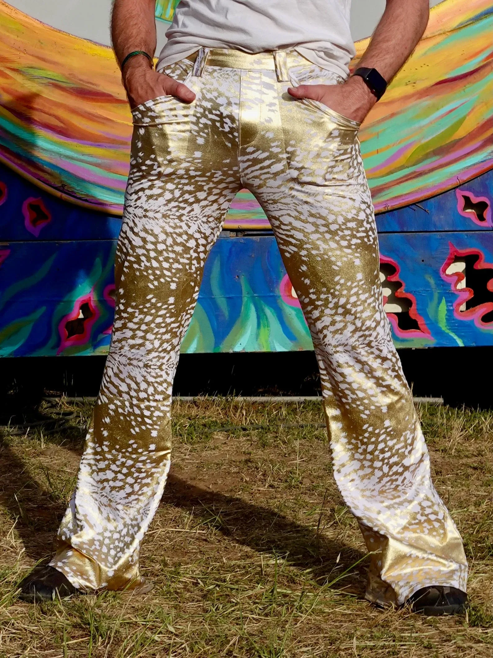 4 Pocket Sex Panther White - Gold Flare Pants - Holographic Metallic Mens Bell Bottoms