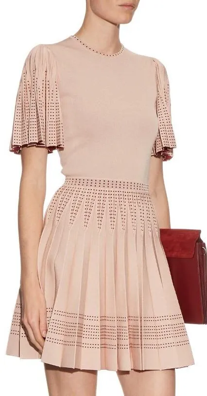 A-Line Pleated Intarsia Knit Mini Dress - Pink