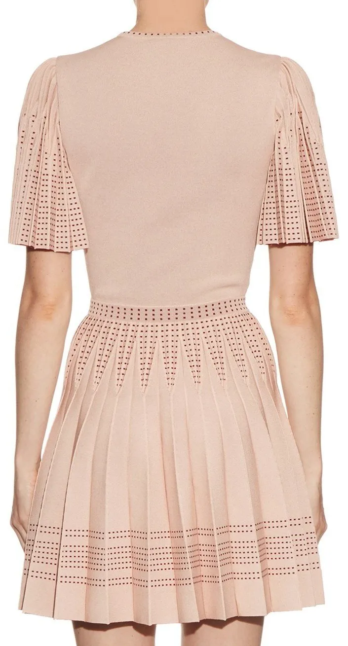 A-Line Pleated Intarsia Knit Mini Dress - Pink