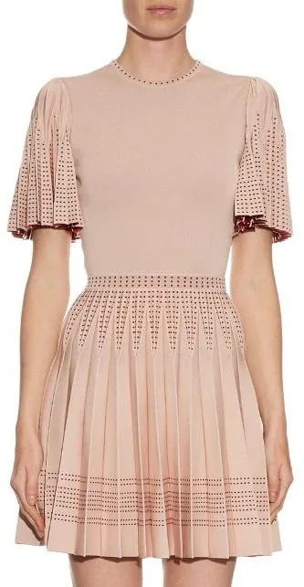 A-Line Pleated Intarsia Knit Mini Dress - Pink