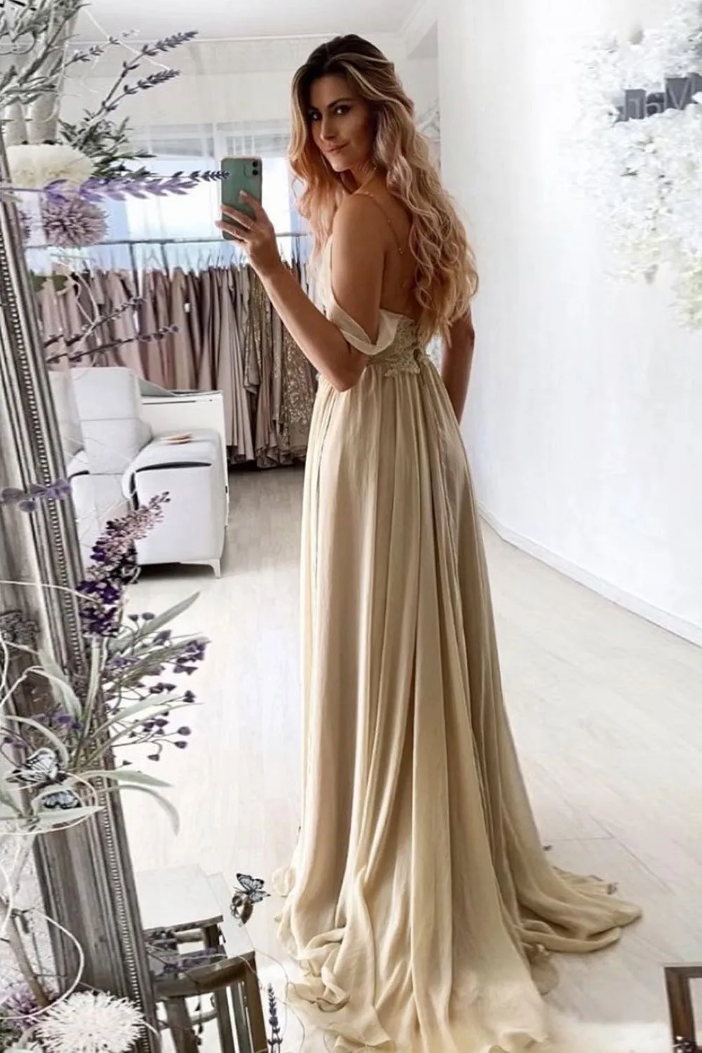 A Line V Neck Champagne Lace Long Prom Dress with Slit, Long Champagne Lace Formal Graduation Evening Dress