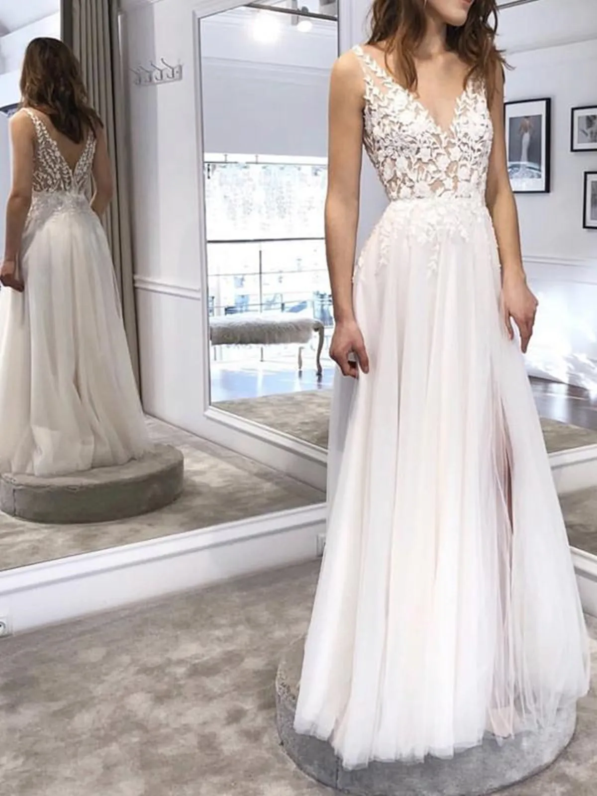 A Line V Neck White Lace Long Prom Dresses, White Lace Wedding Dresses, White Formal Evening Dresses