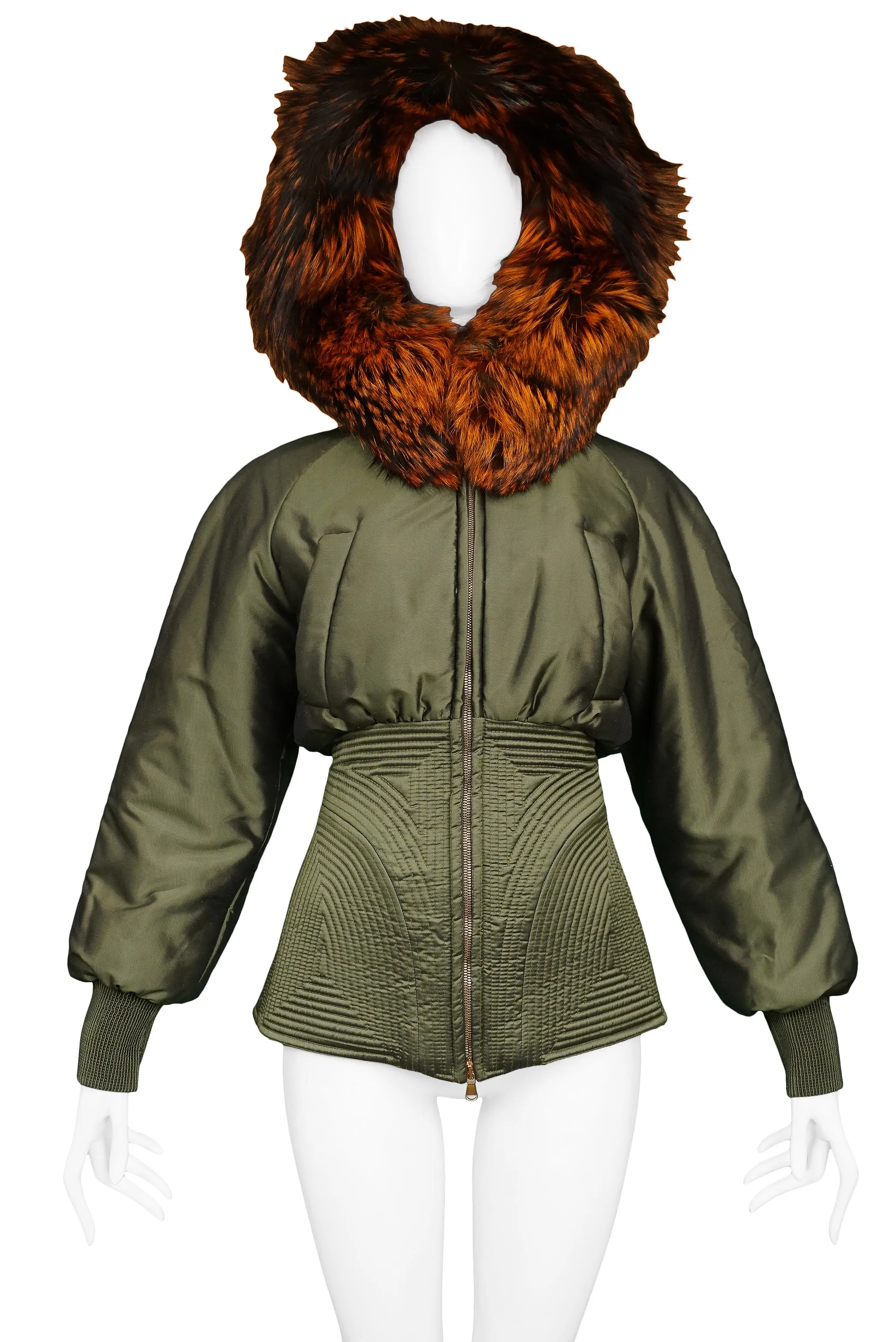 ALEXANDER MCQUEEN OLIVE GREEN & RED FOX FUR HOOD BOMBER 2007