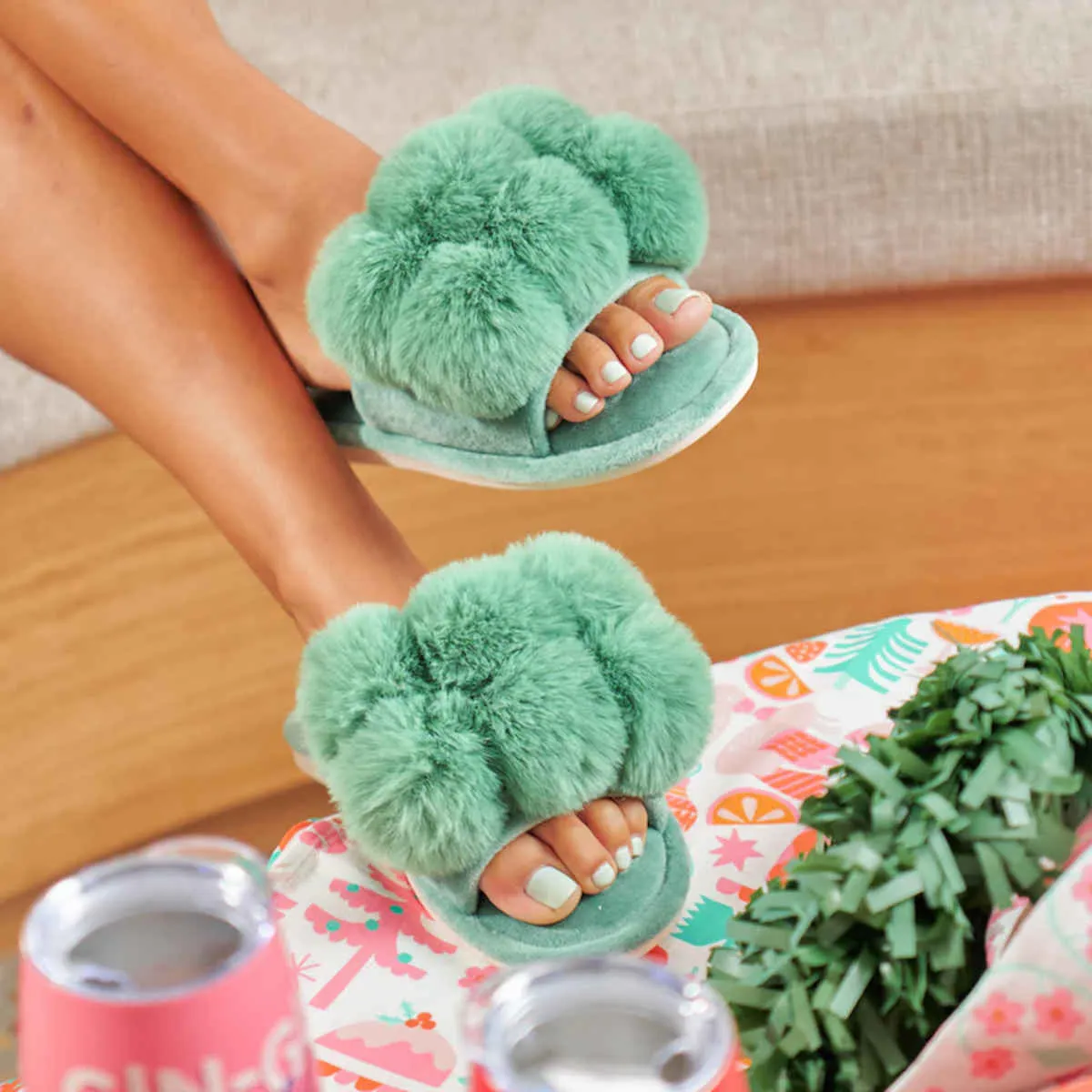 Annabel Trends Cosy Luxe Pom Pom Slipper Spearmint Small to Medium