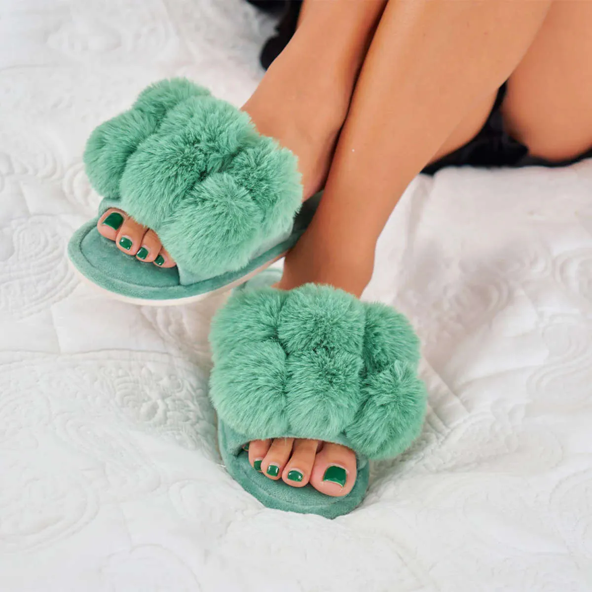 Annabel Trends Cosy Luxe Pom Pom Slipper Spearmint Small to Medium