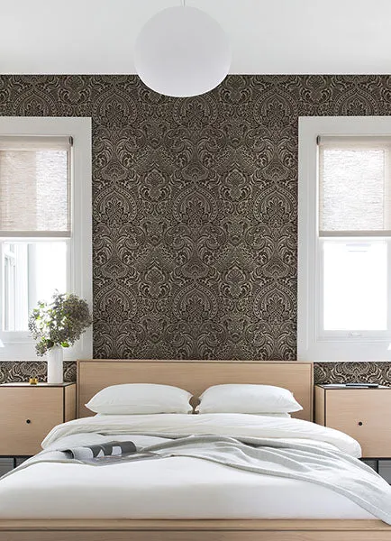 Artemis Espresso Floral Damask Wallpaper from the Lustre Collection