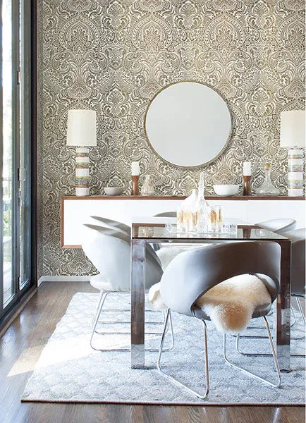 Artemis Gold Floral Damask Wallpaper from the Lustre Collection