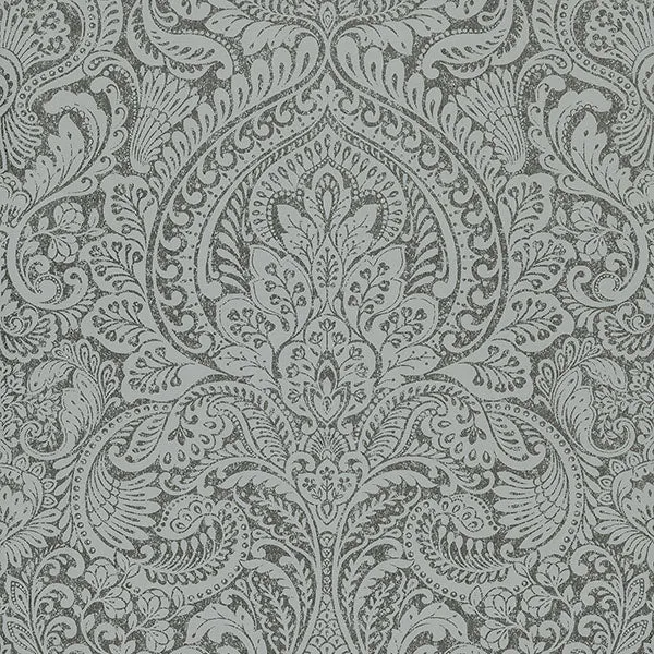 Artemis Pewter Floral Damask Wallpaper from the Lustre Collection