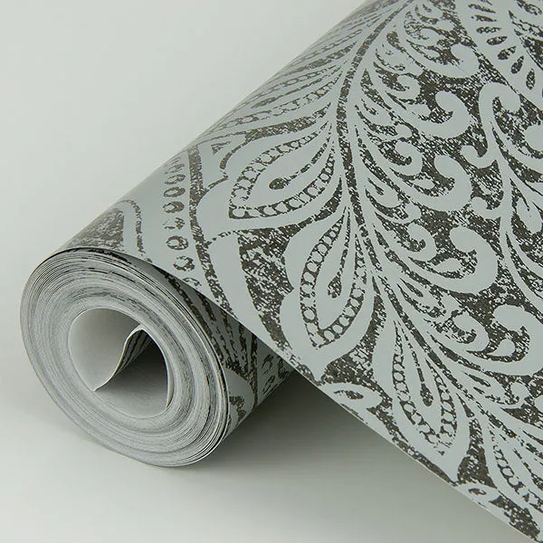 Artemis Pewter Floral Damask Wallpaper from the Lustre Collection