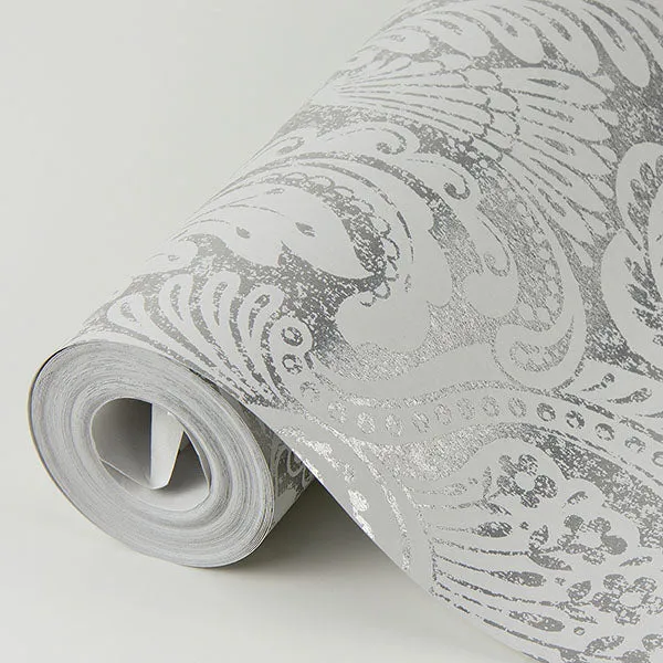 Artemis Platinum Floral Damask Wallpaper from the Lustre Collection