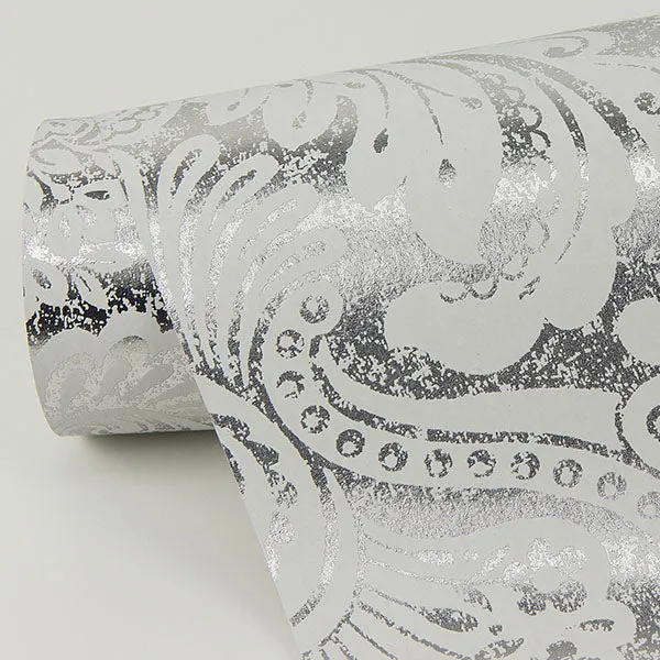 Artemis Platinum Floral Damask Wallpaper from the Lustre Collection