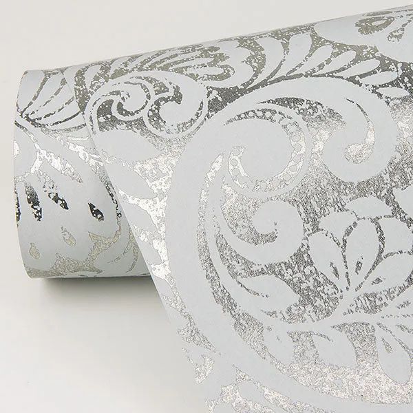 Artemis Silver Floral Damask Wallpaper from the Lustre Collection