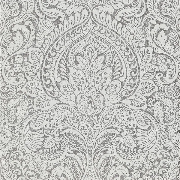 Artemis Silver Floral Damask Wallpaper from the Lustre Collection