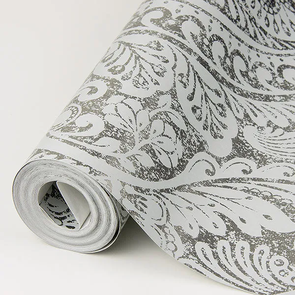 Artemis Silver Floral Damask Wallpaper from the Lustre Collection