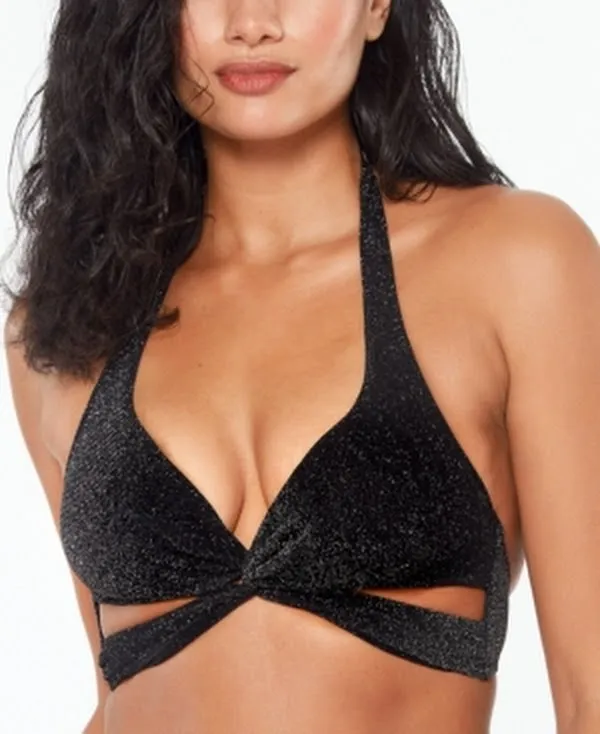 Bar III Shimmer Twist-Halter Bikini Top, Black, Size Small