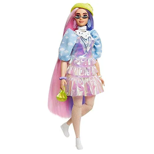 Barbie Extra Doll in Shimmery Look with Pet Puppy, Pink and Purple Hair