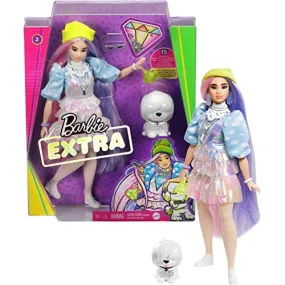 Barbie Extra Doll in Shimmery Look with Pet Puppy, Pink and Purple Hair