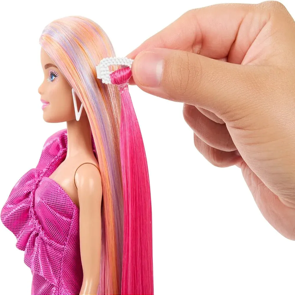 Barbie Fun & Fancy Blonde Hair Doll with Extra-Long Colorful Hair and Shimmery Pink Dress and 10 Hair and Fashion Play Accessories for Kids Ages 3 