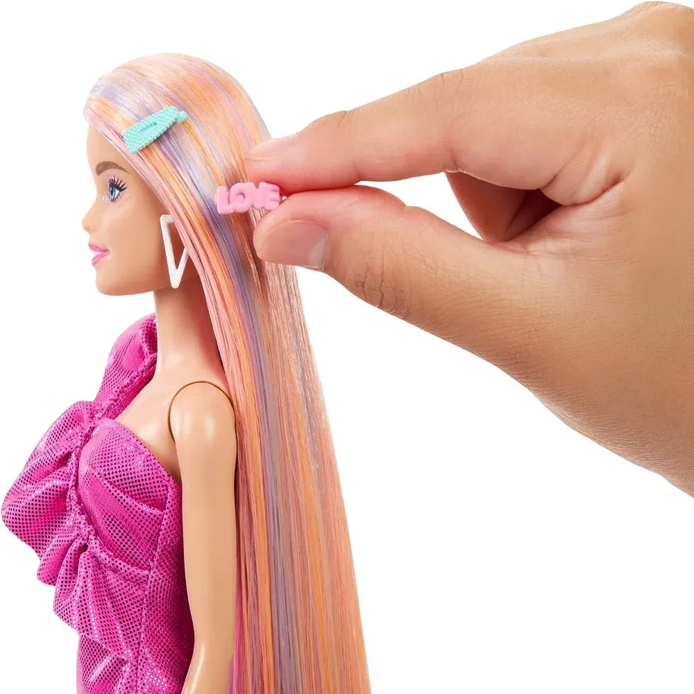 Barbie Fun & Fancy Blonde Hair Doll with Extra-Long Colorful Hair and Shimmery Pink Dress and 10 Hair and Fashion Play Accessories for Kids Ages 3 