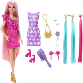 Barbie Fun & Fancy Blonde Hair Doll with Extra-Long Colorful Hair and Shimmery Pink Dress and 10 Hair and Fashion Play Accessories for Kids Ages 3 