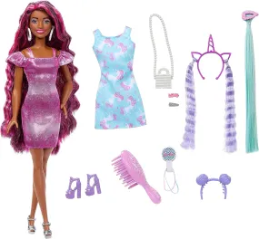 Barbie Fun & Fancy Brunette Hair Doll with Extra-Long Colorful Hair and Shimmery Pink Dress and 10 Hair and Fashion Play Accessories for Kids Ages 3 