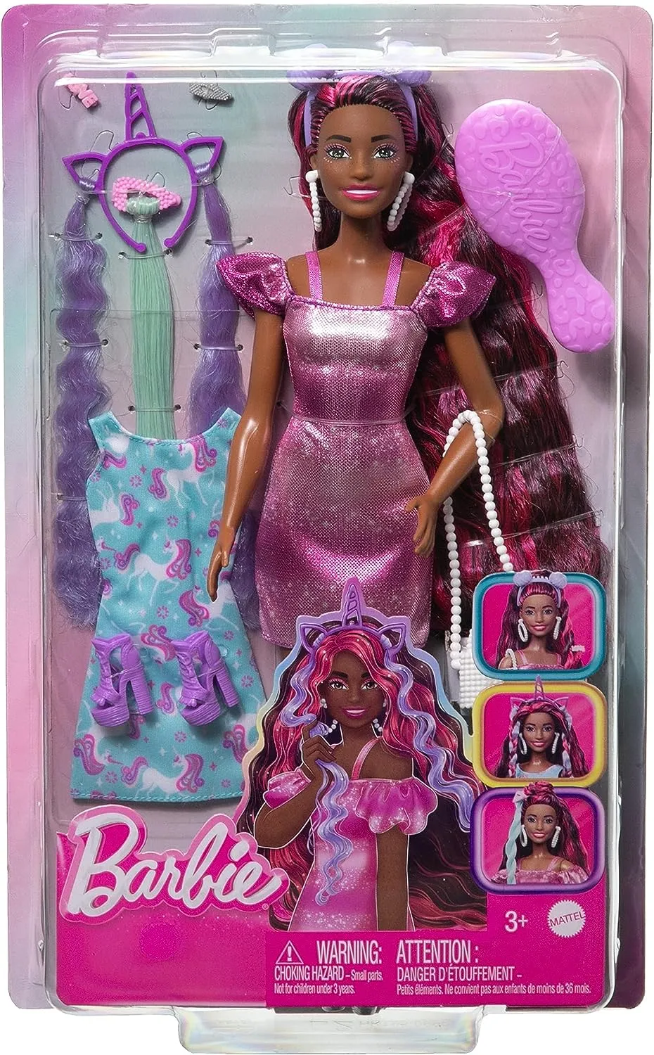 Barbie Fun & Fancy Brunette Hair Doll with Extra-Long Colorful Hair and Shimmery Pink Dress and 10 Hair and Fashion Play Accessories for Kids Ages 3 