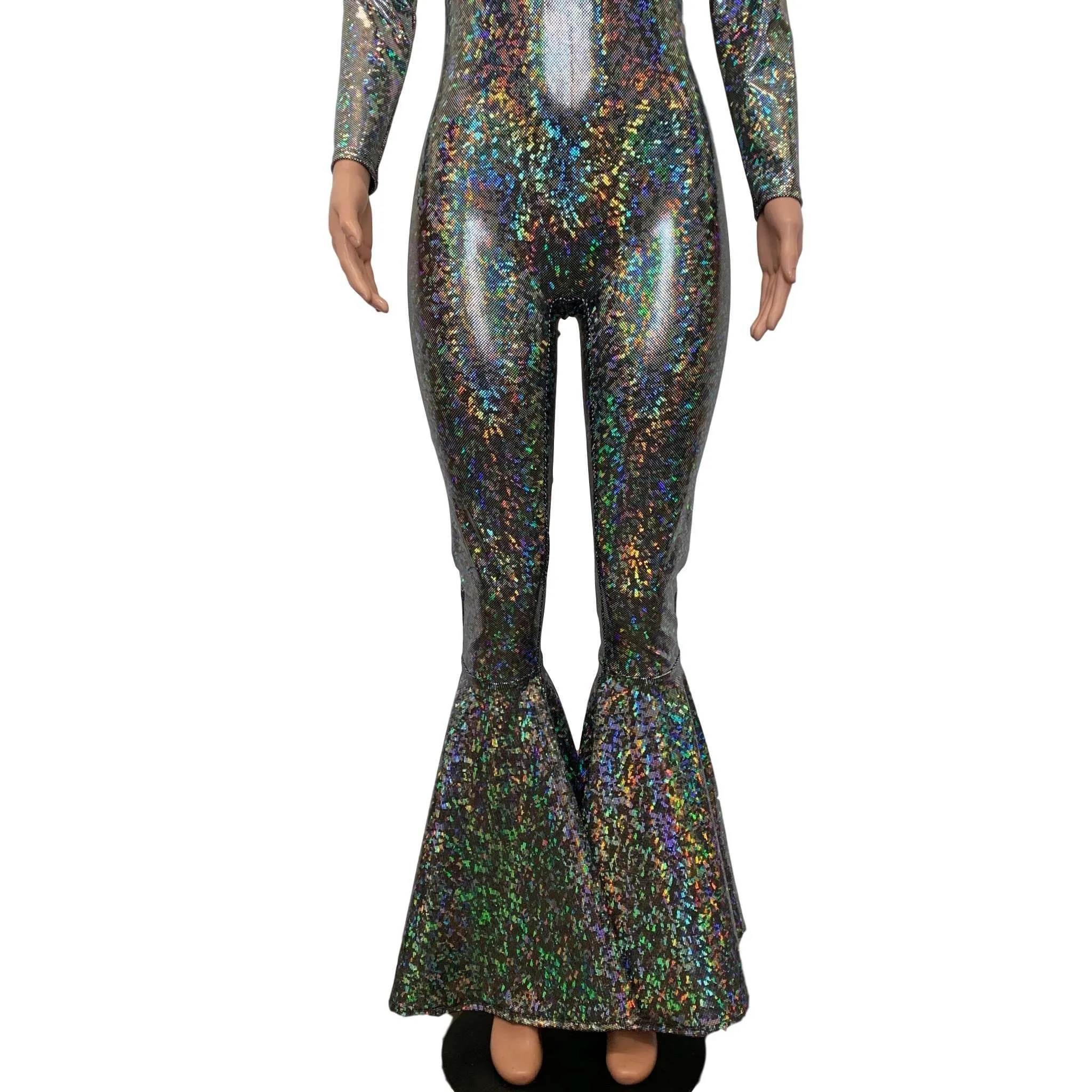 Bell Bottom Catsuit in Silver on Black Shattered Glass Holographic