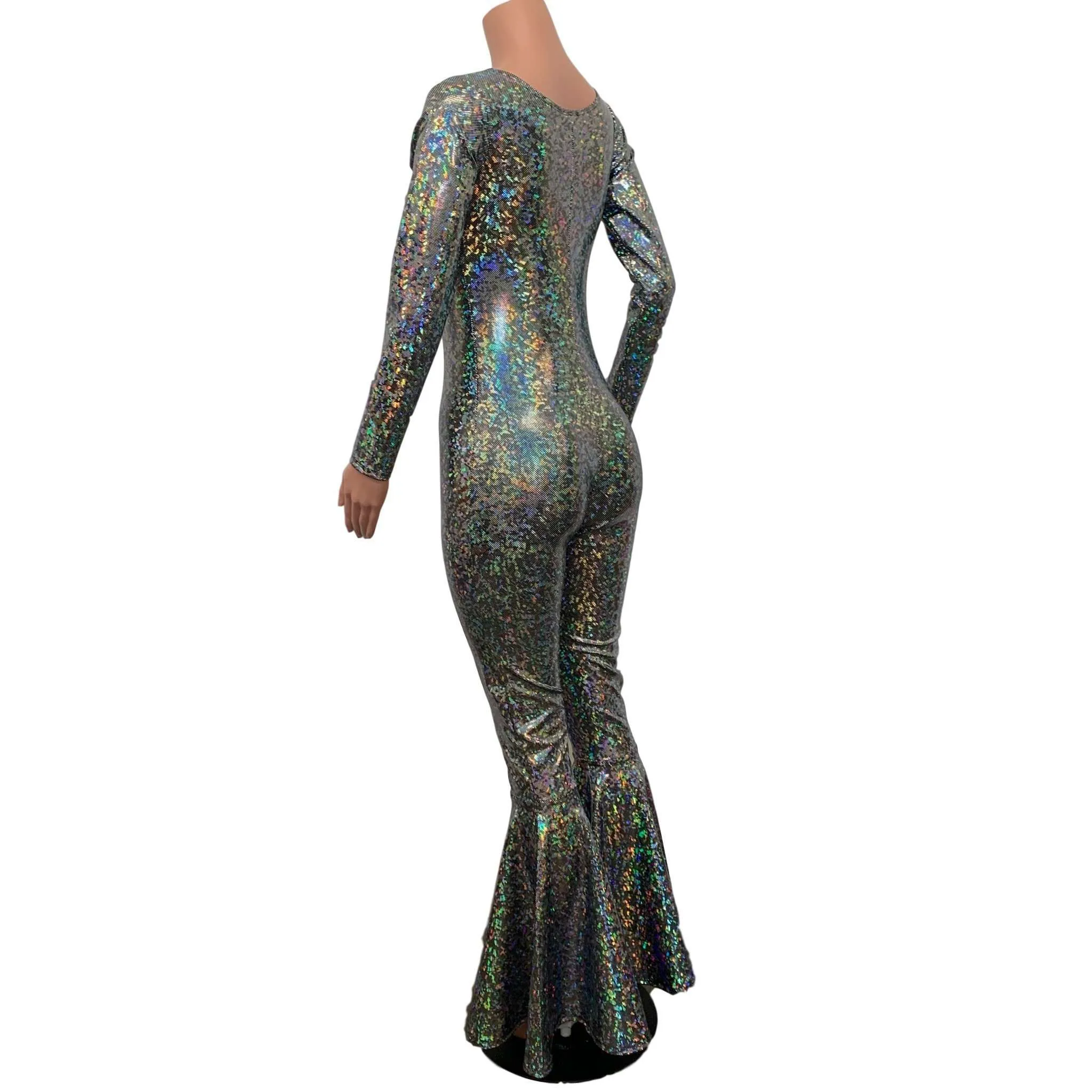 Bell Bottom Catsuit in Silver on Black Shattered Glass Holographic