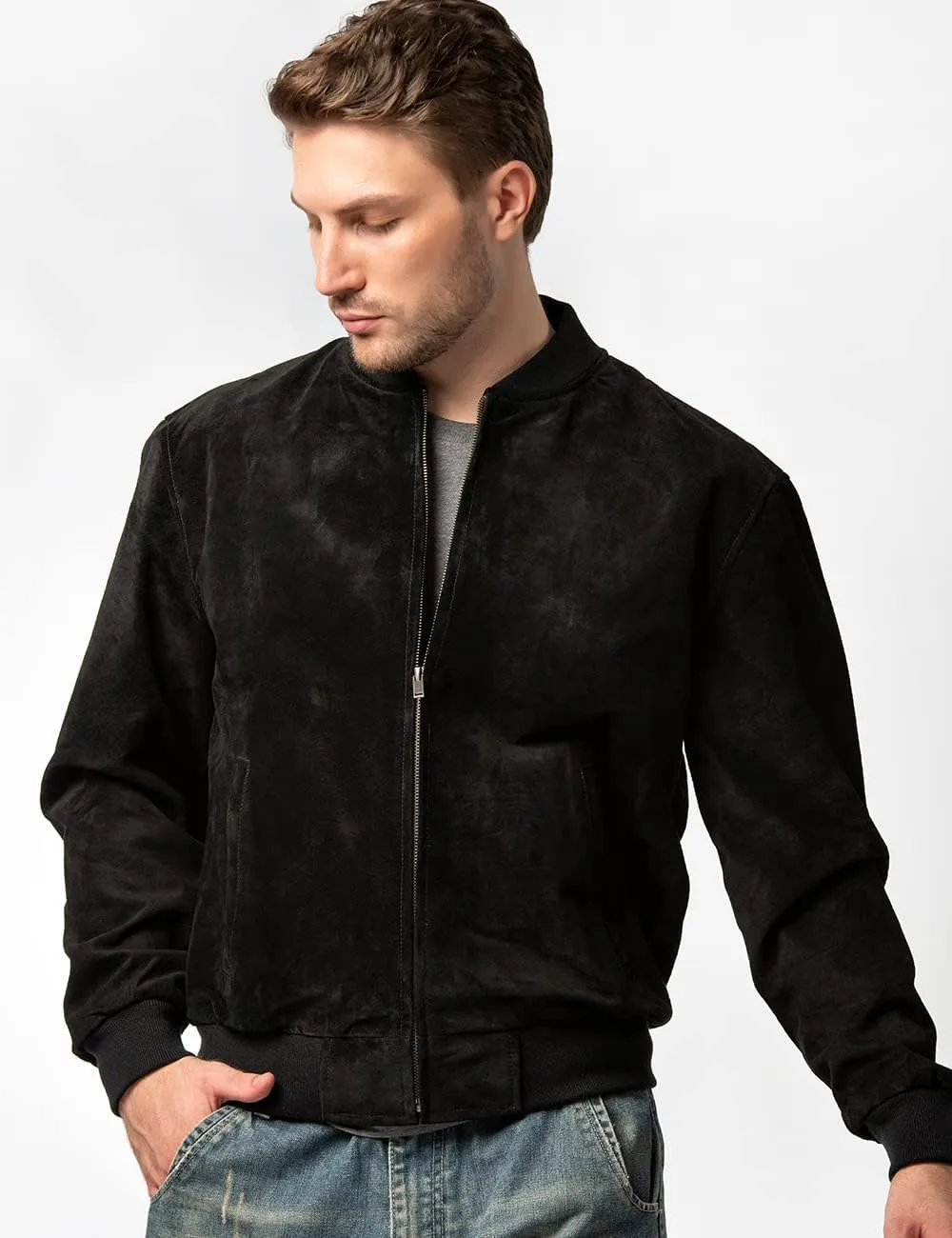 Beroth Black Suede Bomber Leather Jacket