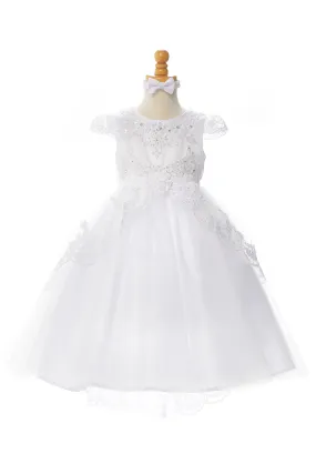 Big Girls White Sequin Beaded Lace Cap Sleeves Satin Communion Dress 7-16