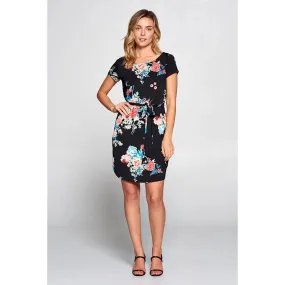 Black Floral Print Knit Dress with Waist Tie