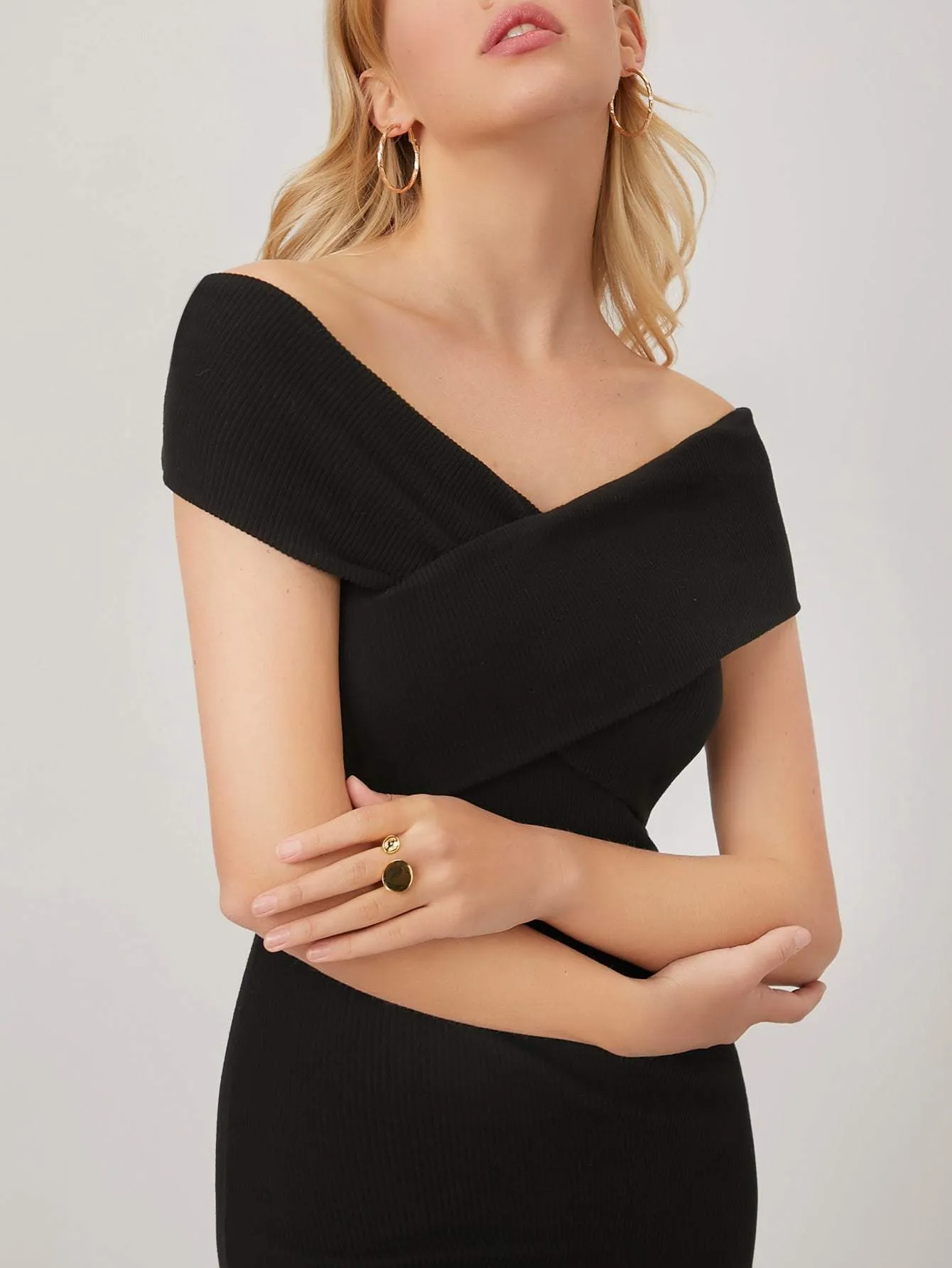 Black Off Shoulder Overlap Rib-Knit Slim Fit Dress