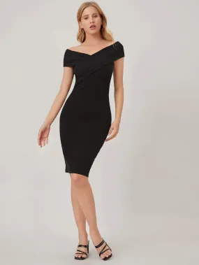 Black Off Shoulder Overlap Rib-Knit Slim Fit Dress