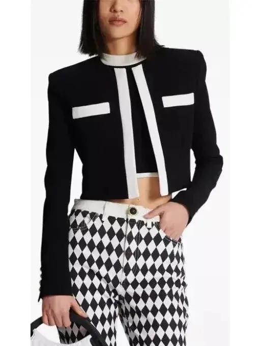 Black with White Trim Cropped Blazer Jacket